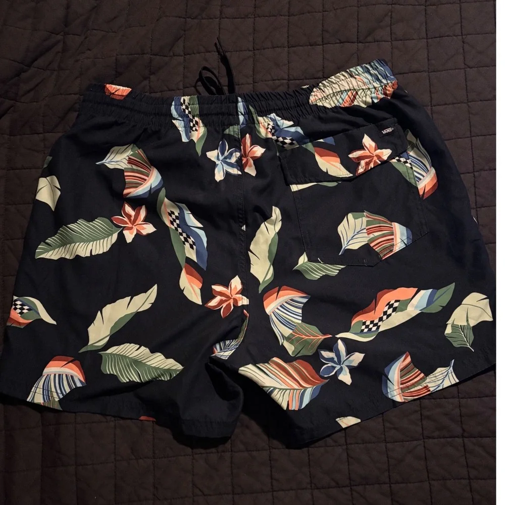 Vans Mens Large Tropical Floral Checkerboard Swim‎ Trunks Black Board Shorts